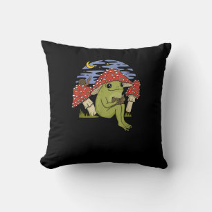Cojín Decorativo Rana fanática de los libros con sombrero de hongo