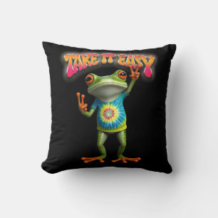 Cojín Decorativo Rana Hippie Tómalo con Calma Divertido Colorido