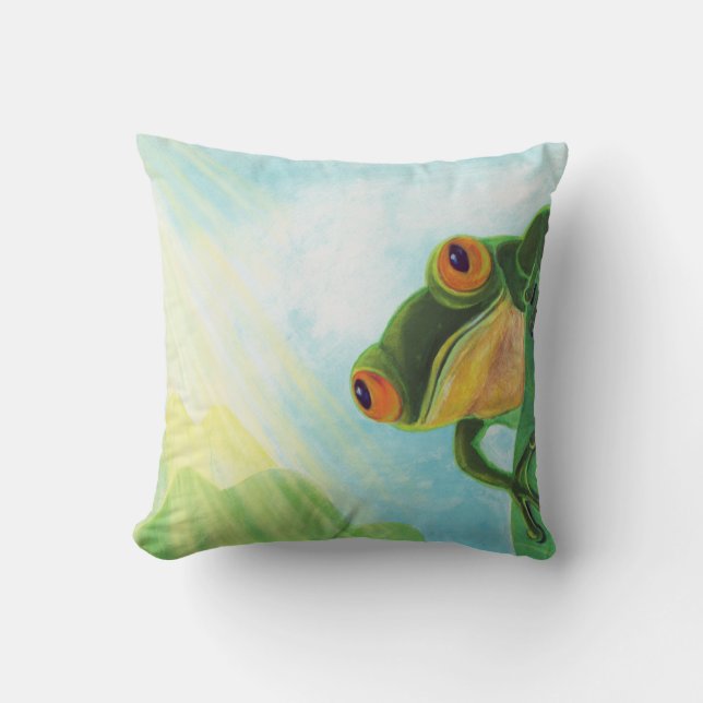 Cojín Decorativo Rana verde atrapando rayos solares (Anverso)