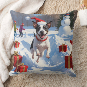 Cojín Decorativo Rat Terrier corriendo en la nieve con sombrero de
