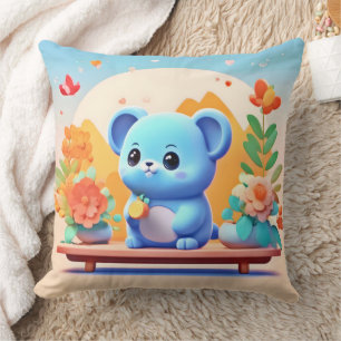 Cojín Decorativo Ratón azul lindo con flores