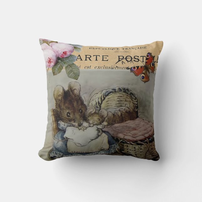 Cojín Decorativo Ratón con bebé, guardería infantil shabby chic (Anverso)