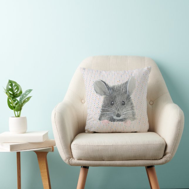 Cojín Decorativo Ratón gris sobre puntos pasteles (Silla)