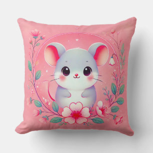 Cojín Decorativo Ratón Kawaii Lindo Rodeado de Adornos Florales