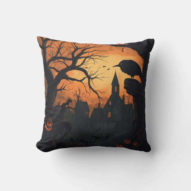 Cojín Decorativo Raven Haunted Village Halloween Black Naranja (Anverso)