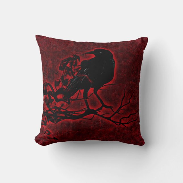 Cojín Decorativo Raven negro en rojo profundo (Anverso)