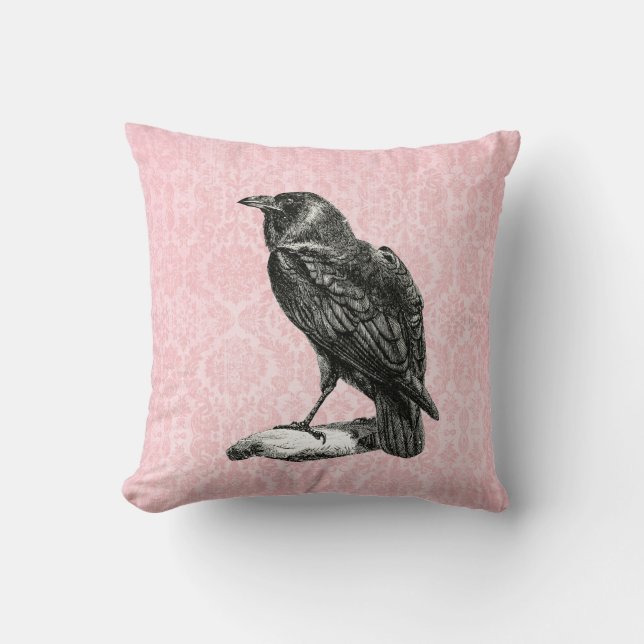 Cojín Decorativo Raven negro gótico | Damasco rosa (Anverso)