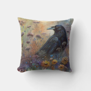 Cojín Decorativo Raven pintado a mano con flores silvestres