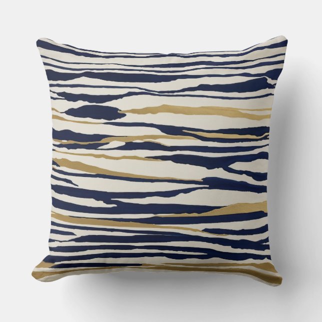 Cojín Decorativo rayas abstractas doradas azules y blancas (Anverso)