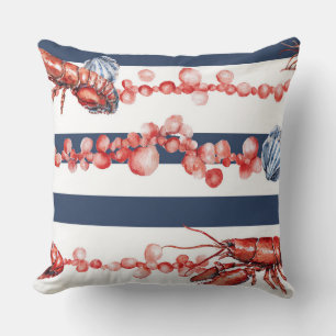 COJÍN DECORATIVO RAYAS AZULES Y BLANCAS & LANGOSTAS ROJAS & CONCHAS