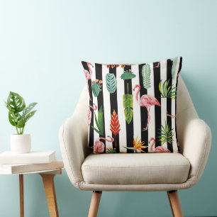 Cojín Decorativo Rayas blancas negras con cactus de flamenco
