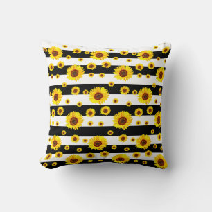Cojín Decorativo Rayas blancas negras con flor de girasol