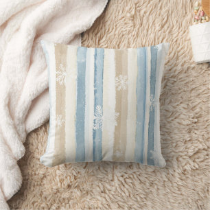 Cojín Decorativo Rayas Copos de Nieve Navidad Azul Beige Crema