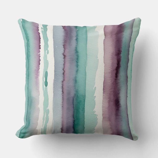 Cojín Decorativo rayas de acuarela verde azuladas y púrpura abstrac (Anverso)