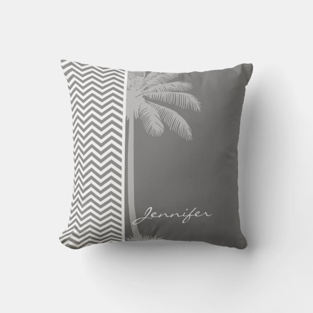 Cojín Decorativo Rayas De Chevron Gris; Palm Tree Tropical (Anverso)