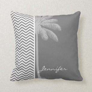 Cojín Decorativo Rayas De Chevron Gris; Palm Tree Tropical