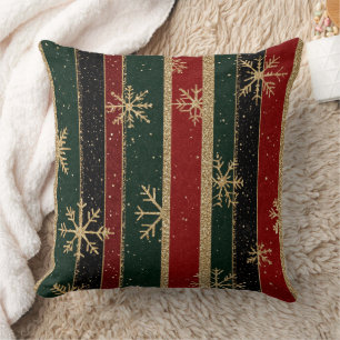 Cojín Decorativo Rayas de Navidad Rojo Verde Brillo Dorado de Lujo