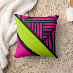 Cojín Decorativo Rayas de triángulos en verde lima, rosa caliente y