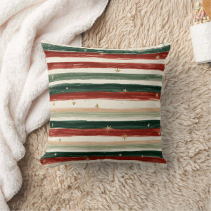 Cojín Decorativo Rayas Estrellas Rojo Verde Dorado