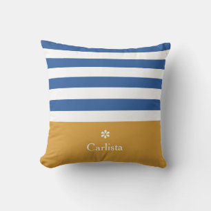 Cojín Decorativo Rayas Horizontales Azules Anchas Nombre Dorado y M
