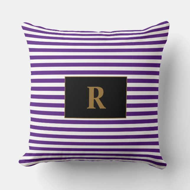Cojín Decorativo Rayas moradas/blancas monogramadas (Anverso)