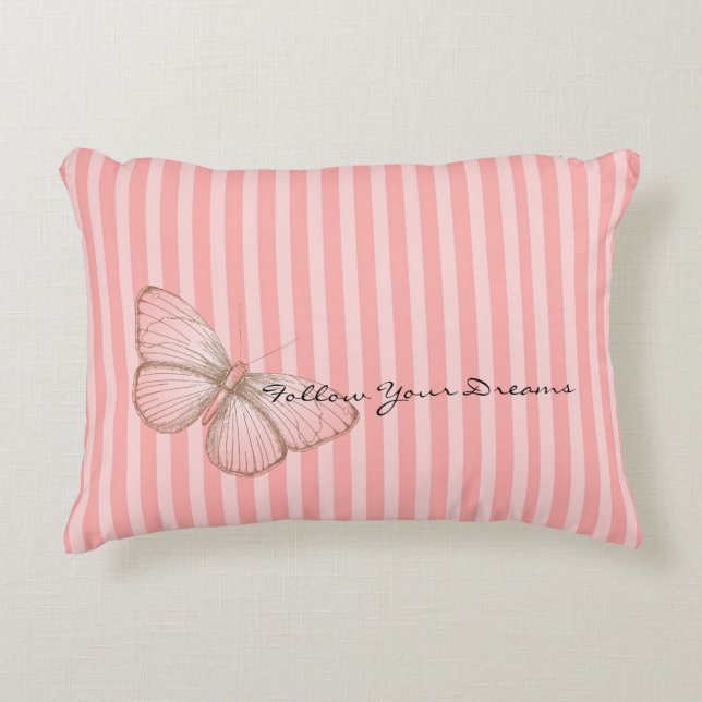 Cojín Decorativo Rayas rosadas con mariposa (Anverso)