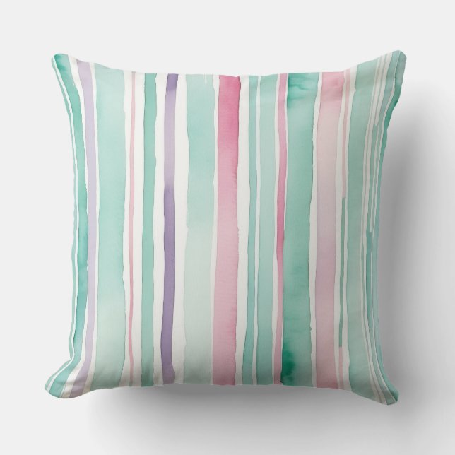 Cojín Decorativo Rayas rosadas verdes púrpuras y blancas (Anverso)