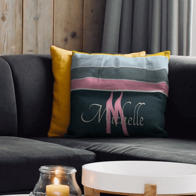 Cojín Decorativo rayas rosadas y azul marino monogramadas (Subido por el creador)