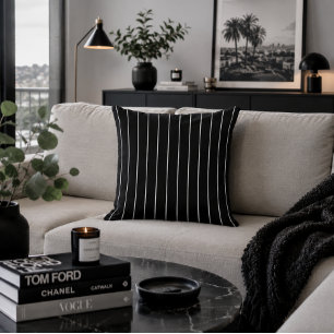 Cojín Decorativo Rayas Verticales de Pinstripe Negro Blanco Elegant