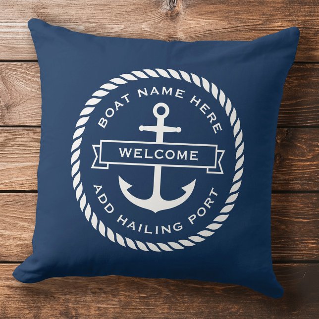Cojín Decorativo Recepción del nombre del barco de aclamación de no (Anchor and rope boat name hailing port welcome throw pillow)