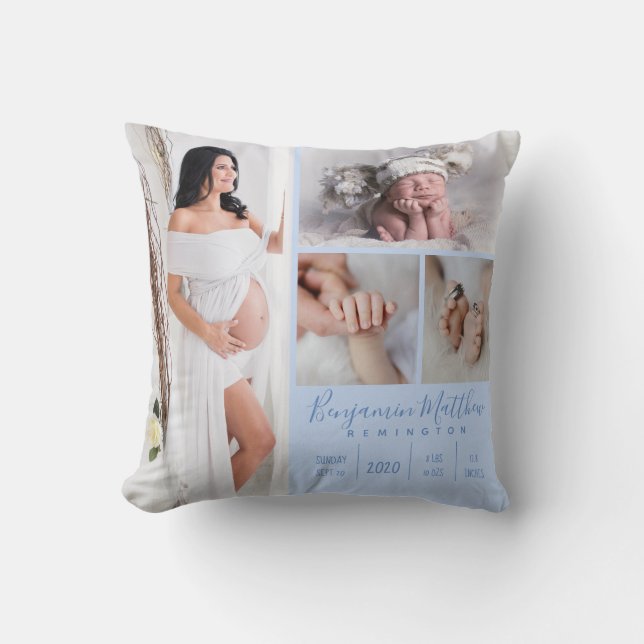 Cojín Decorativo Recién nacido niño bebé foto azul Keepsake (Anverso)