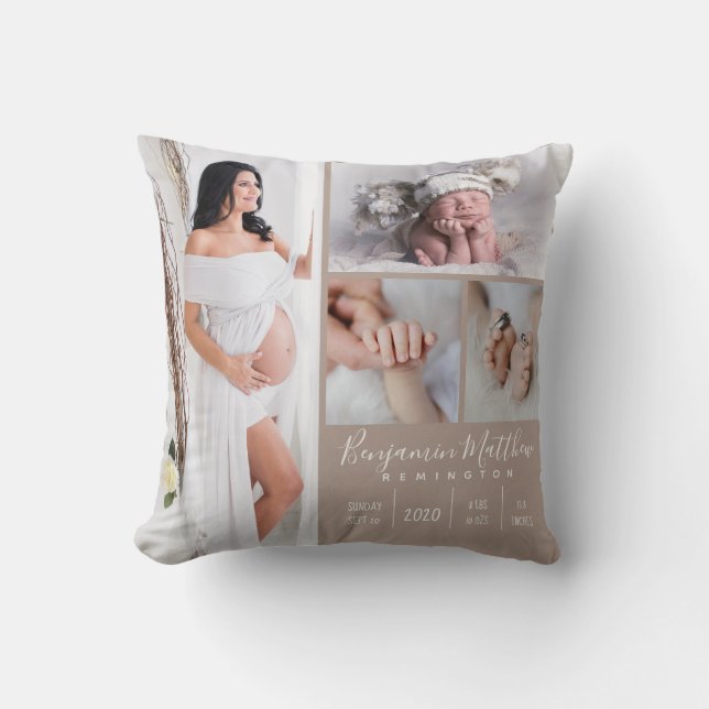 Cojín Decorativo Recién Nacido Niño Beige Foto Keepsake (Anverso)