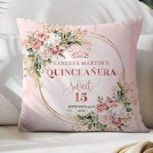 Cojín Decorativo Recuerdo de Quinceañera floral rosa con eucalipto