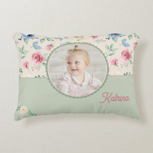 Cojín Decorativo Recuerdo personalizado de foto de bebé con flores 