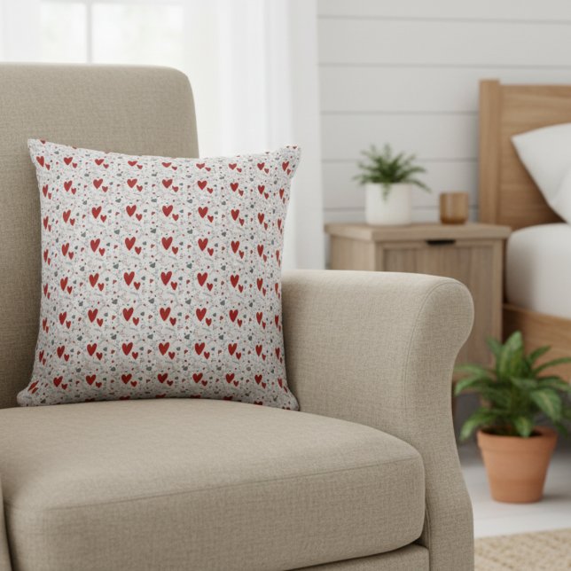 Cojín Decorativo Red and Black Doodle Hearts Love  (cute red and black hearts doodles accent pillow for her valentines theme bedroom decor)