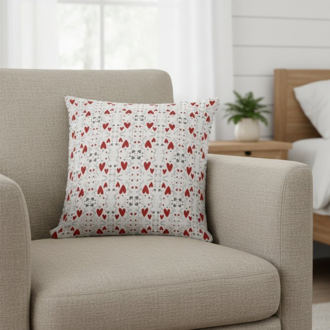 Cojín Decorativo Red and Black Retro Hand Drawn Hearts Love  (cute red and black hearts hand drawn doodles accent pillow for her valentines theme bedroom decor)