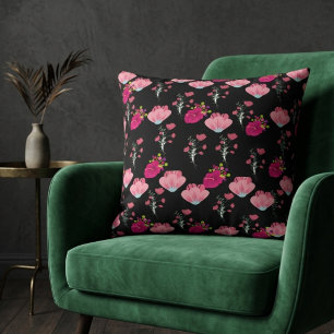 Cojín Decorativo Red and pink flowers pattern on black