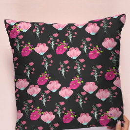 Cojín Decorativo Red and pink flowers pattern on black
