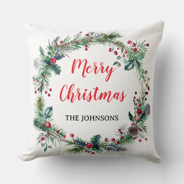 Cojín Decorativo Red Berries Greenery Family Christmas Throw Pillow (Anverso)