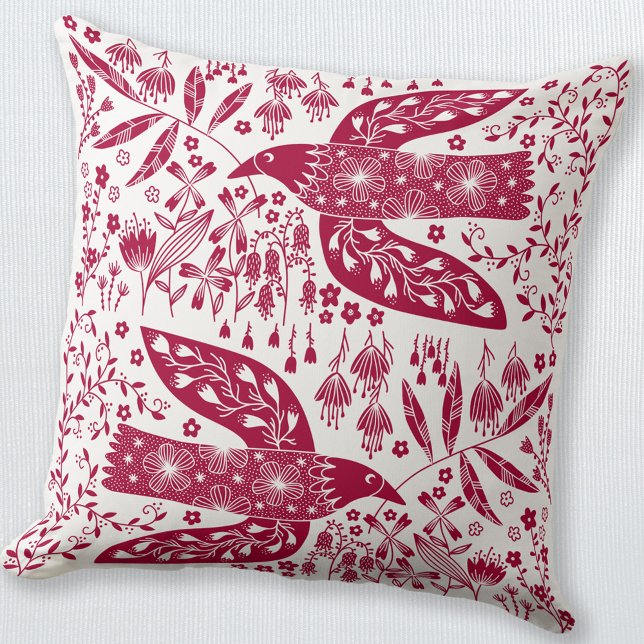 Cojín Decorativo Red Bird (Red and white peace dove bird folk art style throw pillow)