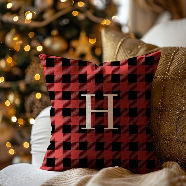 Cojín Decorativo Red Black Buffalo Plaid Monogram Holiday (Subido por el creador)