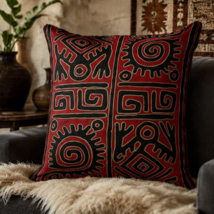 Cojín Decorativo Red Black Folk Art Spirals, Diamonds & Abstract Tr