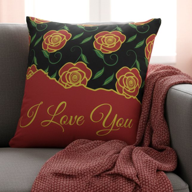 Cojín Decorativo Red Black Roses Love You (Romantic message pillow in black and red, covered by roses. Perfect for Valentines gift.)