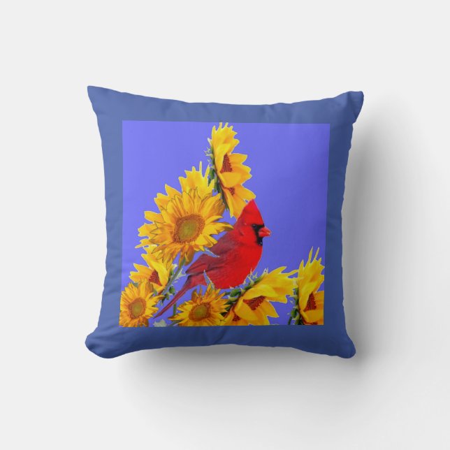 COJÍN DECORATIVO RED CARDINAL BIRD YELLOW SUNFLOWERS ART (Anverso)