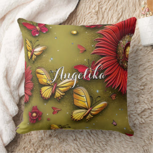 Cojín Decorativo Red Daisies Gold Butterflies Nombre personalizado