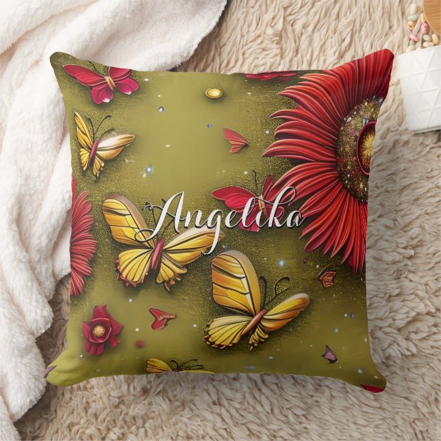 Cojín Decorativo Red Daisies Gold Butterflies Nombre personalizado (Manta)