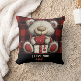 Cojín Decorativo Red Plaid Bear I Love You Custom Name Monogram