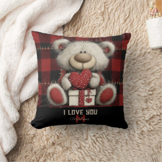 Cojín Decorativo Red Plaid Bear I Love You Custom Name Monogram
