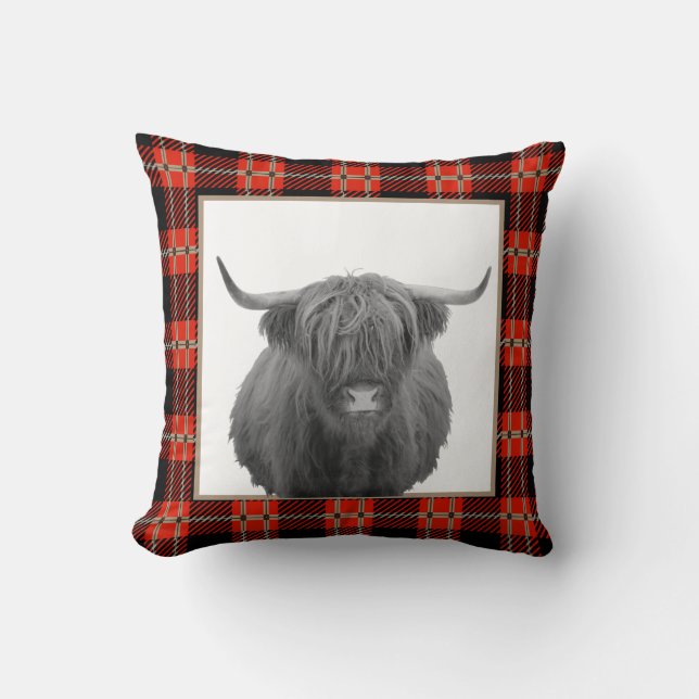 Cojín Decorativo Red Plaid Highland Cow Cabaña Montaña Lodge (Anverso)