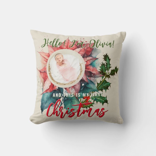 Cojín Decorativo Red Poinsettia Mistletoe Nombre del bebé Navidades (Anverso)